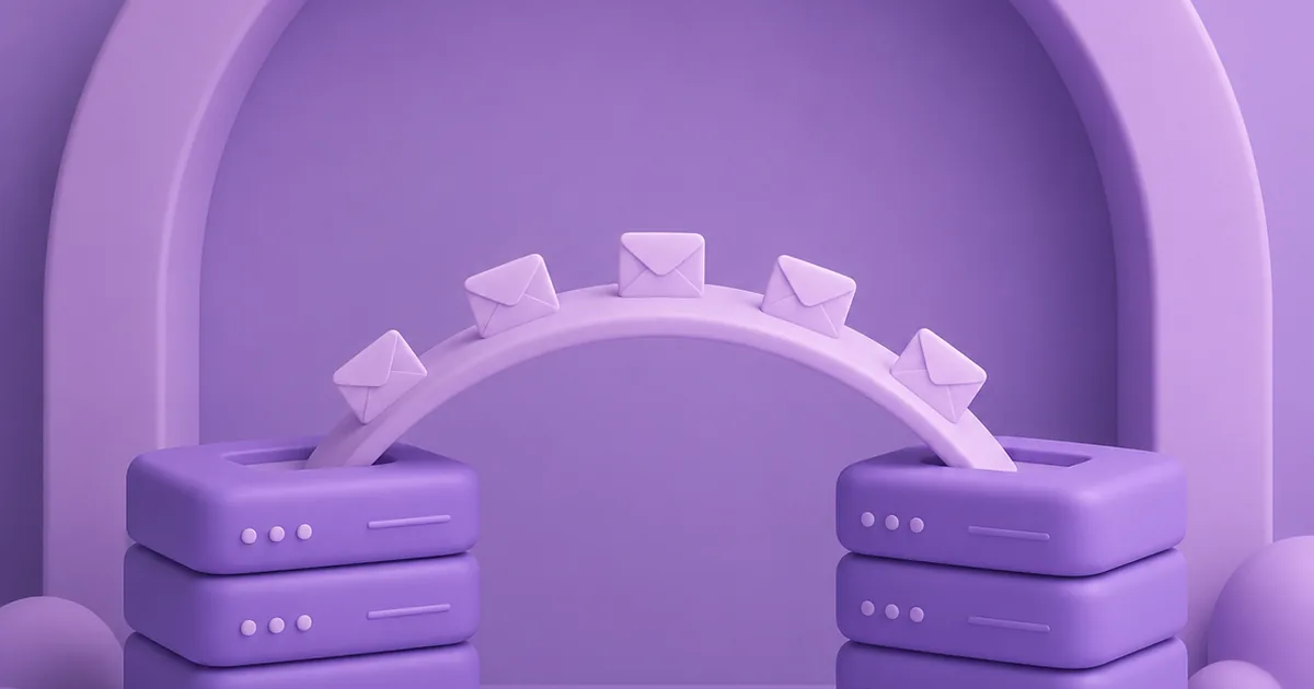 Envelopes crossing an arched bridge between two server stacks, representing a provider migration